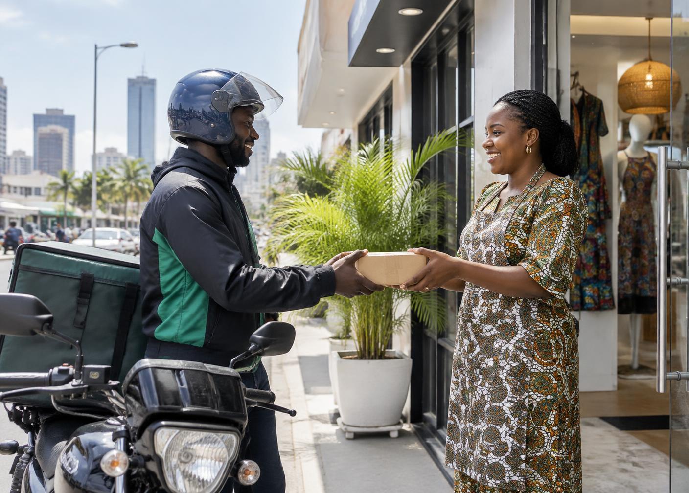 An AwaRuns rider handing a parcel to a local business owner